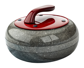 Curling stone made of granite with a vibrant red handle for winter sports competition isolated on transparent background