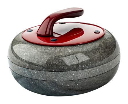 Curling stone made of granite with a vibrant red handle for winter sports competition isolated on transparent background