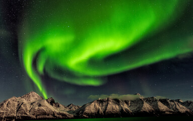 Dancing Northern Lights of Norway over Artic landscape