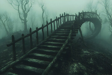 Fototapeta premium Misty Forest Wooden Staircase 3D Illustration