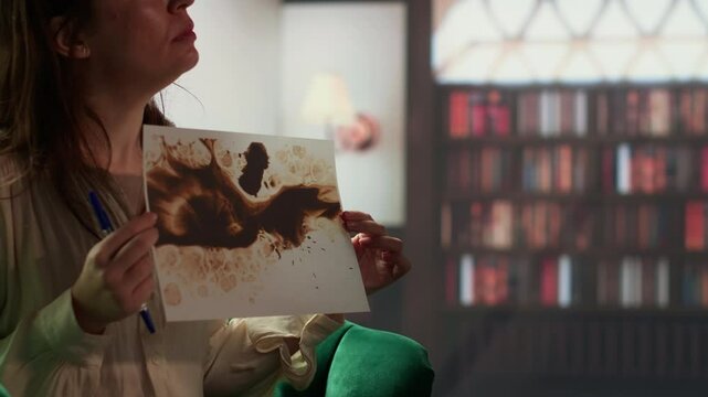 Armed forces veteran in uniform sits with a therapist during counseling, viewing a Rorschach test illustration to share feelings and discuss trauma. PTSD and shell shock syndrome. Camera B.