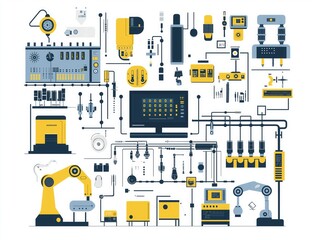 Obraz premium Stylized infographic-style illustration depicting digital connectivity in industry, with computers and gizmos and gadgets in blue and yellow on a white background