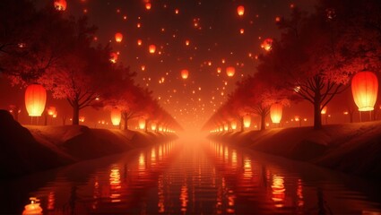 A serene path illuminated by red lanterns floating in the air and on water, creating a magical atmosphere for a traditional Chinese festival. Generative, AI,