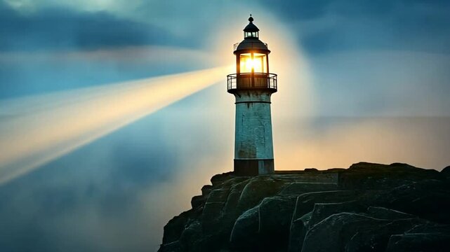 A radiant lighthouse stands tall on a foggy cliff, shining its light over the sea, symbolizing guidance and steadfastness.
