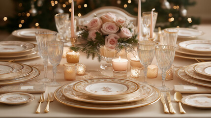 Elegant holiday dining setup with candles and floral centerpiece in soft lighting