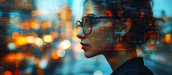 Woman in glasses, futuristic city, digital overlay, technology, 