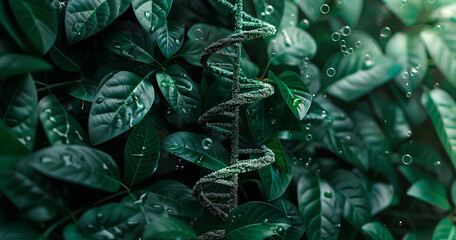 Obraz premium Representation of DNA double helix entwined with lush green leaves illustrating the connection between nature and science in a serene environment