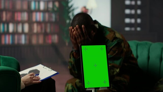 Counseling session for a army war soldier with isolated copy space display, showcasing therapy support for PTSD and reintegration into society. Armed forces soldier with flashbacks. Camera B.
