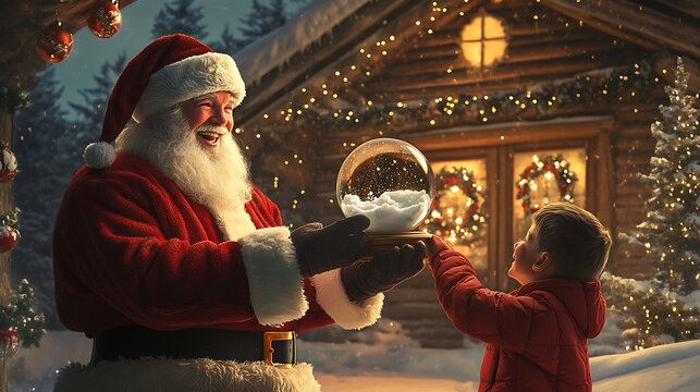 A Laughing Santa Spreads Holiday Cheer with a Snow Globe Gift for a Boy