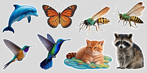 Fototapeta premium Cute Animals Insects Stickers Dolphin Butterfly Bee Hummingbird Kitten Raccoon