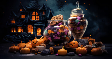 Festive Halloween dessert display featuring spooky cookies, colorful candies, and miniature pumpkins set against a haunted house backdrop