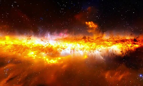 A mesmerizing cosmic scene featuring a fiery galactic explosion with glowing orange and yellow hues stretching across the universe, surrounded by countless stars. Perfect for astronomy, galaxy, and sp