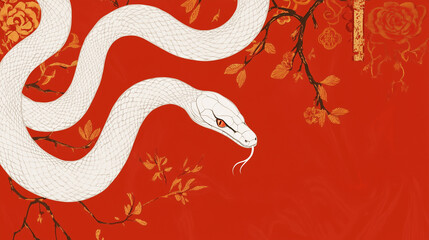 Obraz premium White snake illustration on red background for Chinese New Year, Year of the Snake