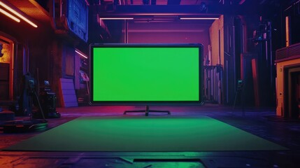Green screen studio mockup in a futuristic, dimly lit workshop.