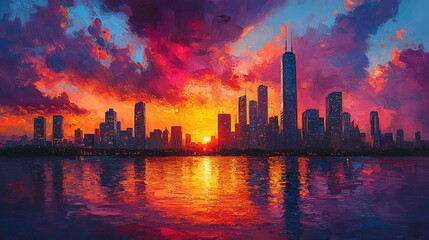 Obraz premium Vibrant Cityscape Sunset Painting Impasto Style