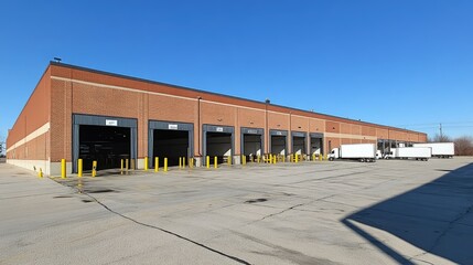 Modern Distribution Center with Loading Docks and Trucks on a Sunny Day
