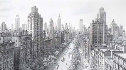 A Penciled Cityscape Showing Skyscrapers And Street Traffic