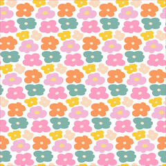 Seamless Pastel Floral Pattern with Pink, Orange, Yellow, Green, and Cream Flowers on White Background