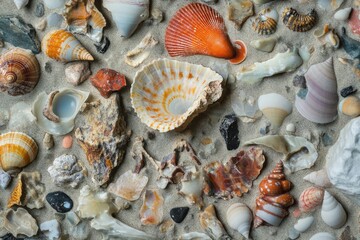 Detailed View of Prehistoric Ocean Floor Showcasing Diverse Fossils of Ammonoidea and Ancient Seashells