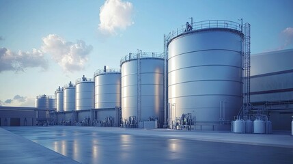 Obraz premium Industrial Storage Tanks at Dusk: A Serene Yet Powerful Image of Modern Infrastructure