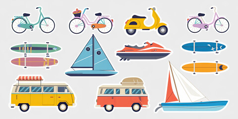 Naklejka premium Summer Vacation Bikes Scooters Surfboards Sailboats Vans