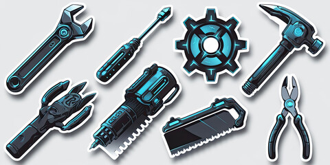 Fototapeta premium Futuristic Tools Stickers Wrench Hammer Saw Pliers Gear Screwdriver Drill