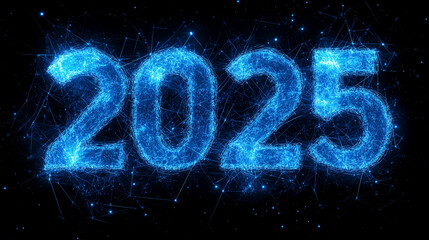 New year 2025 made of blue digital connections on a black background