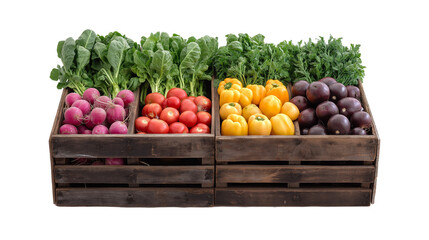 Wooden crate with colorful vegetables isolated on a white