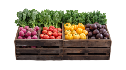 Wooden crate with colorful vegetables isolated on a white