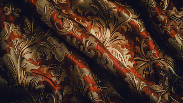 Elegant vintage fabric with ornate floral patterns in rich reds and golds beautifully arranged in soft folds - Powered by Adobe