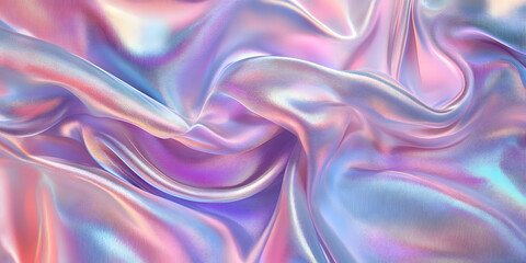 Obraz premium Abstract banner background with Metallic iridescent fabric featuring flowing waves in soft pastel shades of pink, blue, purple