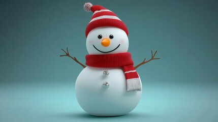 Cheerful Snowman in Red Hat and Scarf Against Teal Background