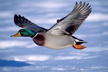 Obraz premium Majestic Male Mallard Drake in Flight Against a Vibrant Blue Winter Sky in Canada