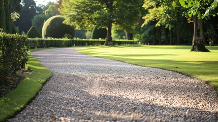 Fototapeta premium Scenic empty gravel path meandering through vibrant green fields on a bright sunny day
