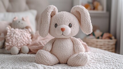 Fototapeta premium Adorable knitted bunny toy on a bed.