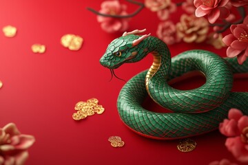 Fototapeta premium Green snake among golden coins and flowers on red background, symbol of 2025 year