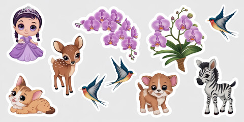 Naklejka premium Adorable Cartoon Animals Princess Orchids Cute Stickers