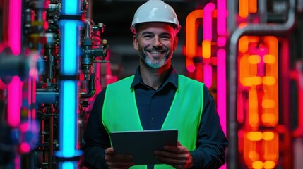 Professional male worker smiling while using tablet in neon-lit factory