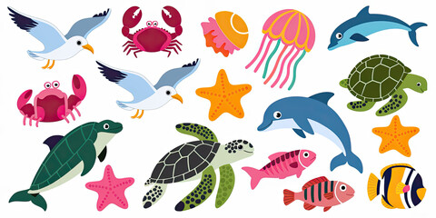 Naklejka premium Cute Ocean Animals Sea Life Cartoon Illustration Dolphins Turtles Fish Crabs Starfish Seagulls