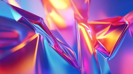 A glowing holographic abstract background with soft gradients and floating geometric shapes in constant motion