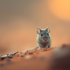Close-up of a house mouse exploring its surroundings in soft lighting