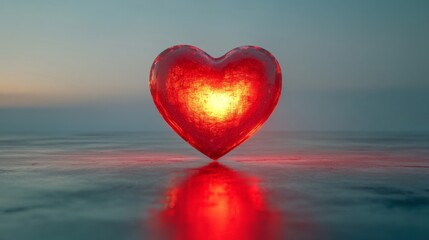 Fototapeta premium Glowing Red Glass Heart Reflects On Calm Water