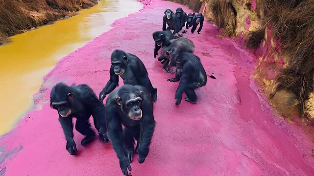a group of apes in the pink floor