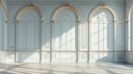 Fototapeta premium Elegant Classic Interior: Sunlight streams through arched windows into a luxurious space with ornate pale blue and white paneling, gold accents, and a polished floor.