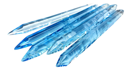 Long, blue, crystal-clear icicles, isolated on white background 
