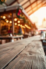 Cozy Wooden Table in a Festive Outdoor Cafe with Warm Ambient Lighting
