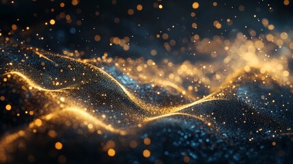 Fototapeta premium Ethereal abstract composition of swirling golden light trails with glowing bokeh on dark background