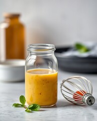 Fresh Mango Smoothie in a Glass Jar with Whisk and Mint Leaves on a Marble Surface
