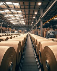 Obraz premium Industrial Paper Production Line with Large Rolls in a Modern Warehouse