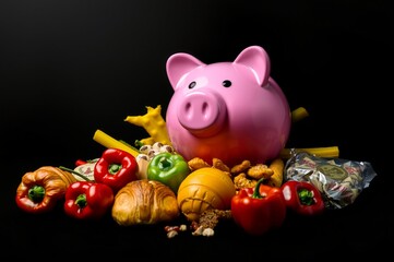 Obraz premium Colorful Piggy Bank Surrounded by Assorted Fresh Food and Snacks